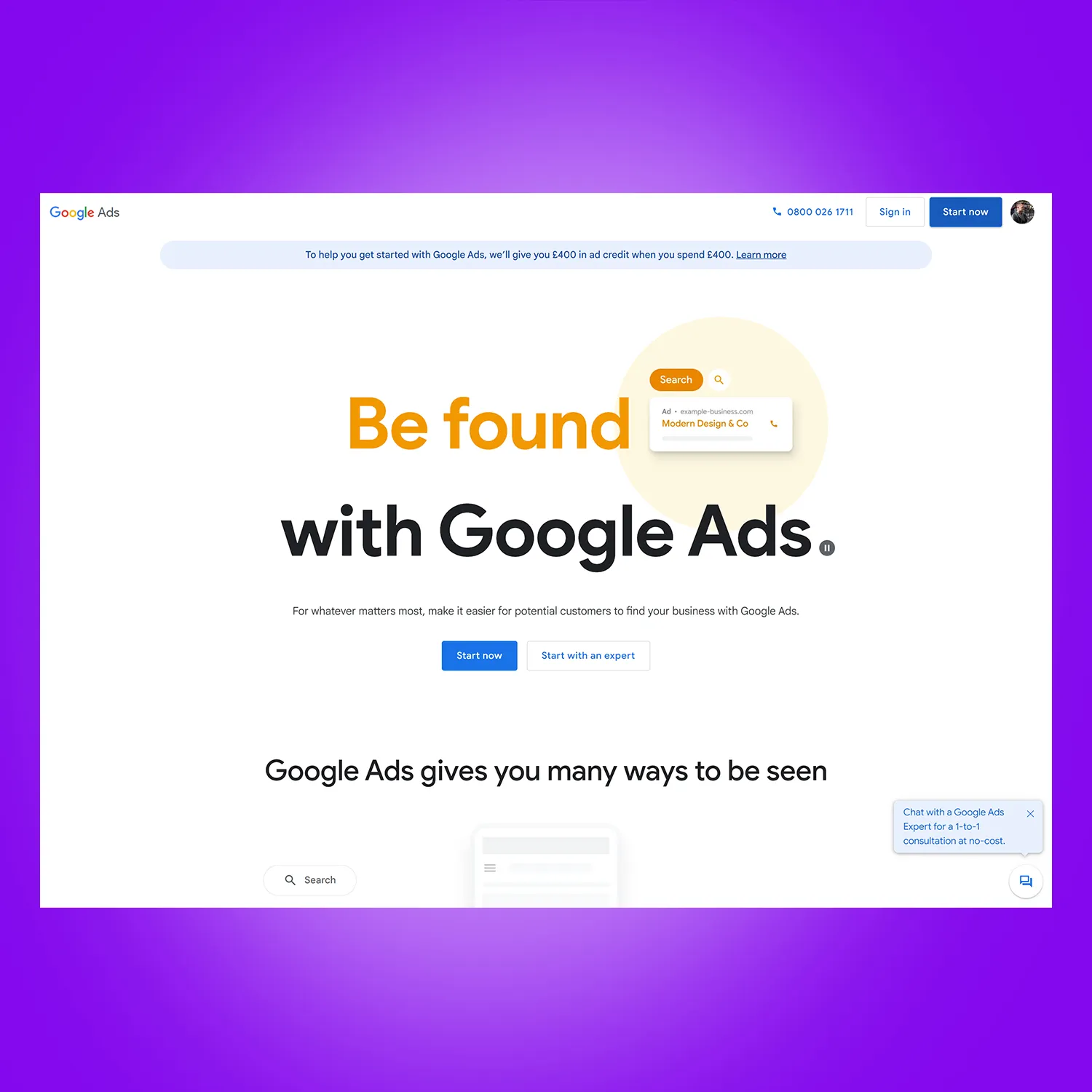 A screen shot of a web page with the words be found with google ads