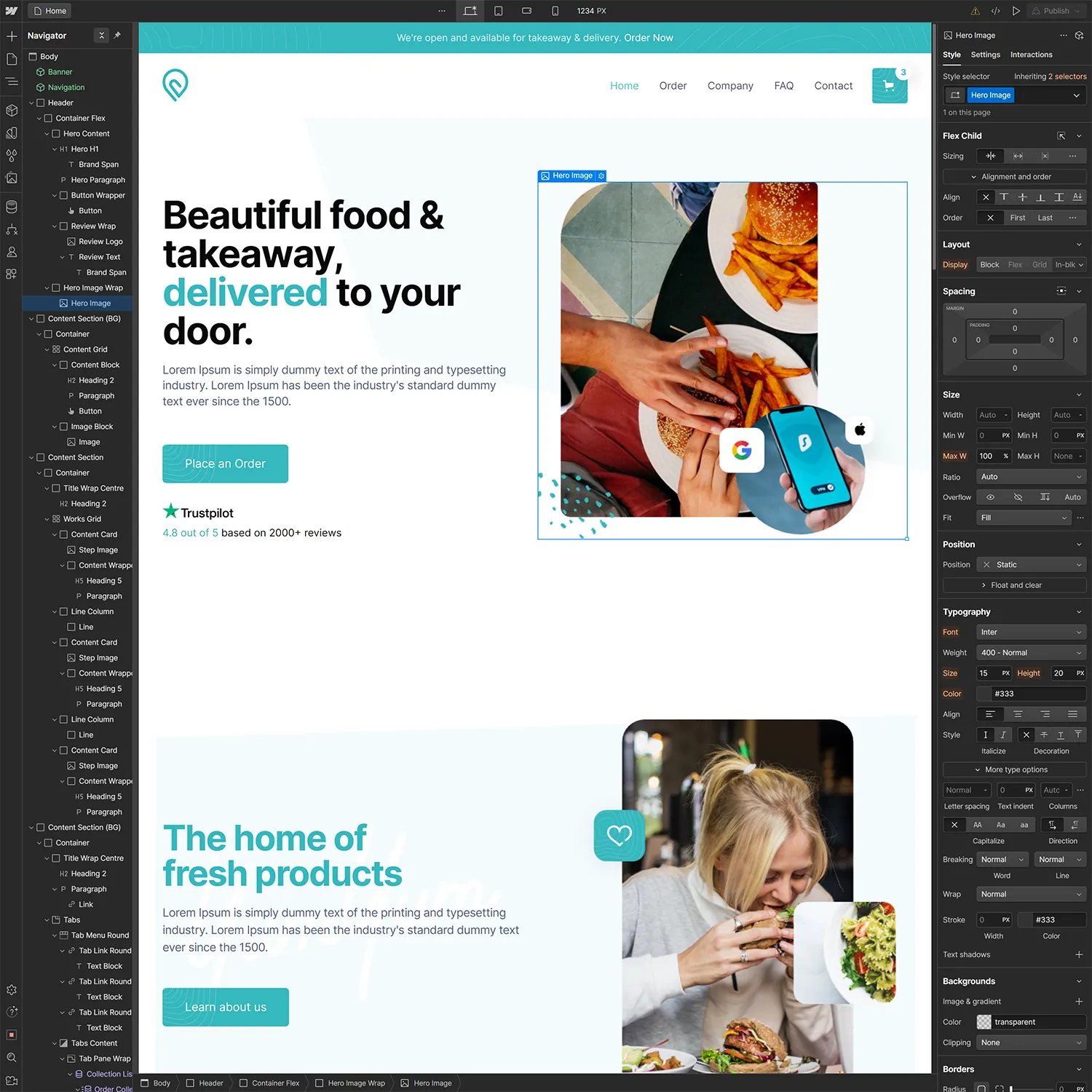A screen shot of a bespoke website made in Webflow